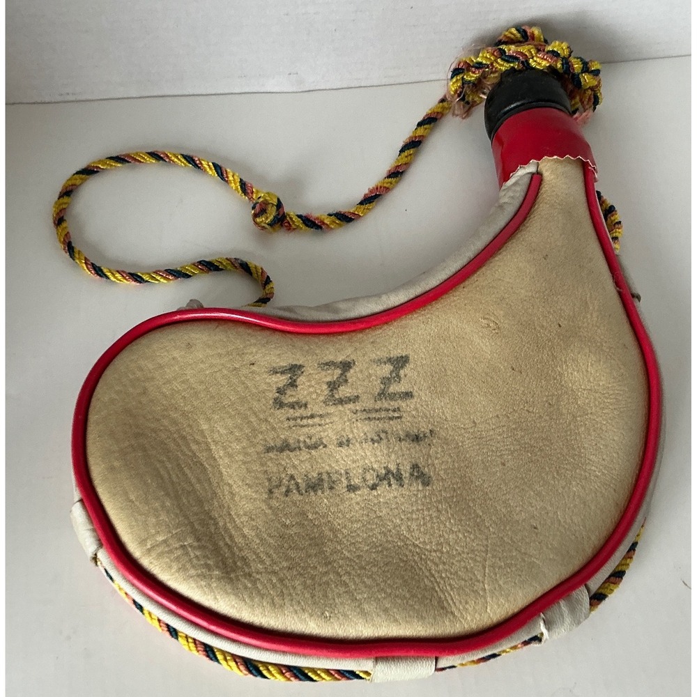 ZZZ Vintage Spanish Bota Bag Pamplona Leather Wine Canteen Red Trim Spain